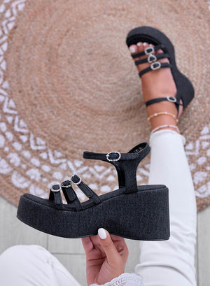 MORGAN - Black sandals with jeans print, wedge heel, and rhinestone buckles