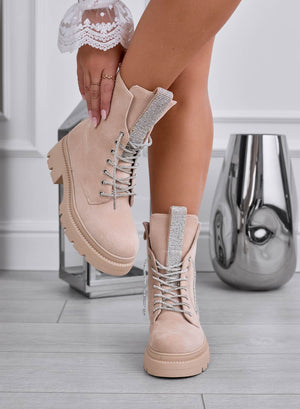 FULVIA - Beige Alexoo ankle boots with laces and jeweled tongue