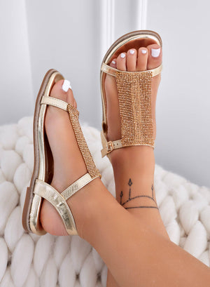 DESIREE - Low gold sandals with rhinestone strap