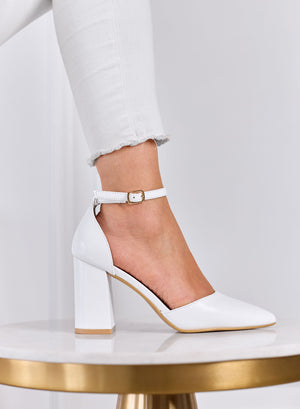IRENE - Décolleté bianche con Cinturino alla Caviglia e Tacco Largo