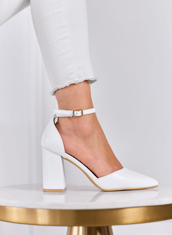 IRENE - Décolleté bianche con Cinturino alla Caviglia e Tacco Largo