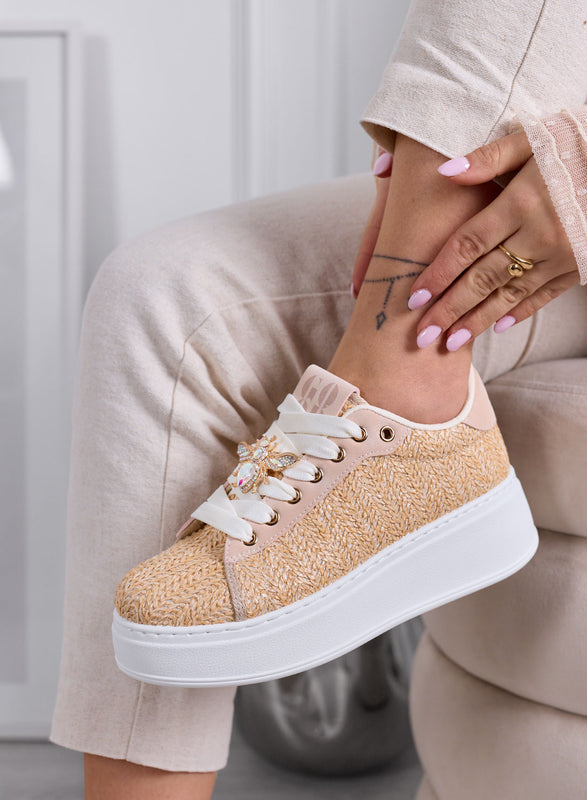 VENERE - Beige woven sneakers with jeweled bee appliqué