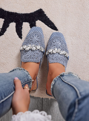ORIETTA - Blue lace mules with rhinestones and square toe