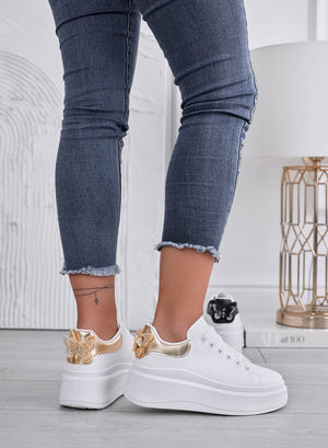 CRISTINA - White sneakers with gold heel and jeweled butterfly