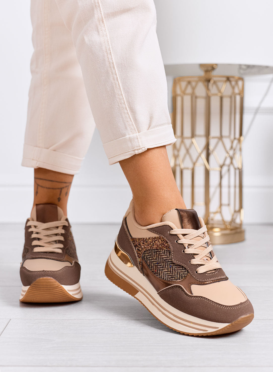 RUBINA - Brown sneakers with glitter and metallic details