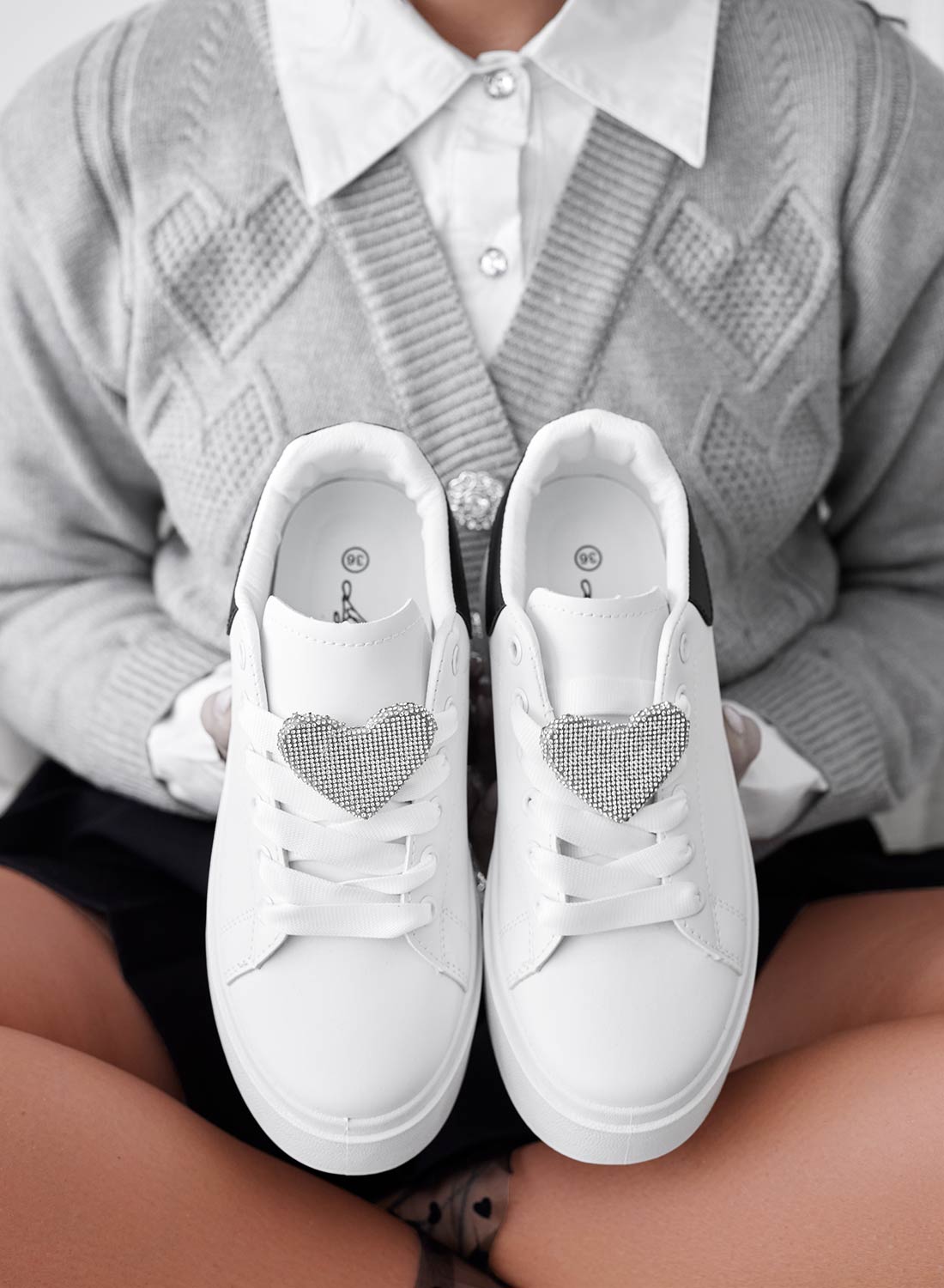 BELINDA - Sneakers bianche con cuore in strass argento