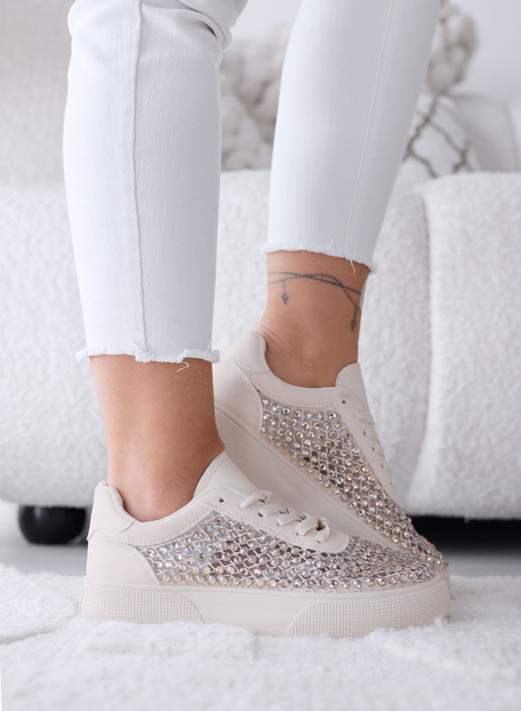 CASSANDRA - Sneakers Beige con Strass e Dettagli Luminosi