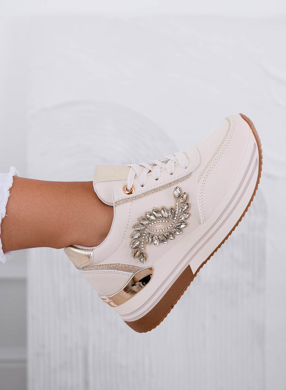 REGINA - Sneakers beige con applicazione gioiello oro