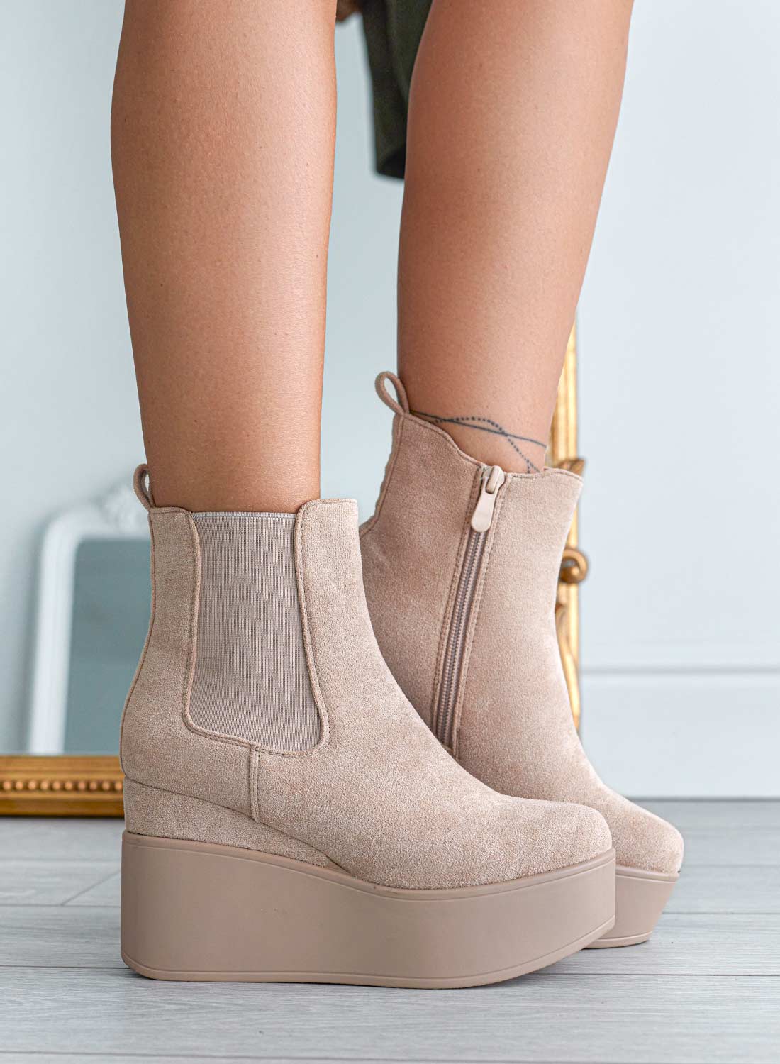 Beige Alexoo ankle boots with wedge heel and side elastic