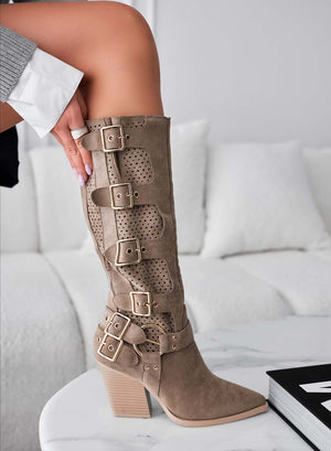 SERA - Khaki perforated camper boots with gold buckles