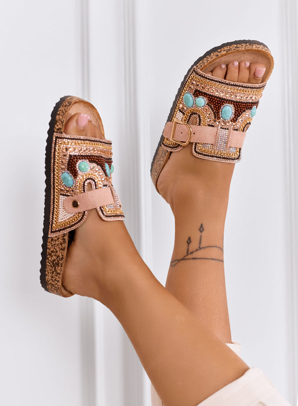 LIVIA - Sandalias tipo chancla rosa joya con strass y hebilla dorada
