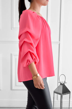 Fuchsia fluo blouse with ruched sleeves