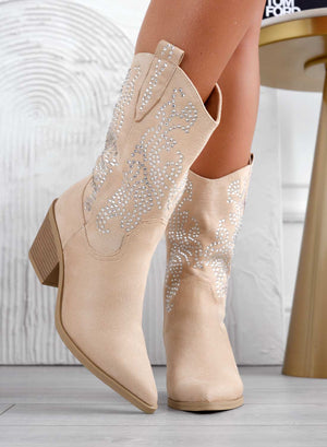 Beige camper ankle boots with rhinestones
