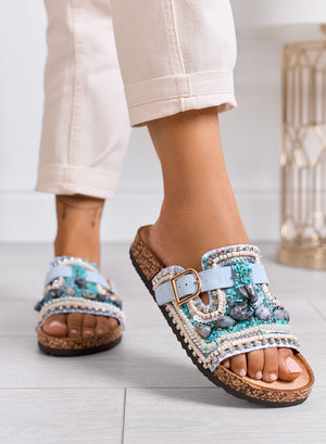 POLLY - Blue sandals and slippers with embellishments and golden buckle