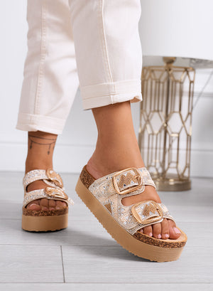 ENRICA - Beige sandals slippers with gold buckles and rhinestones
