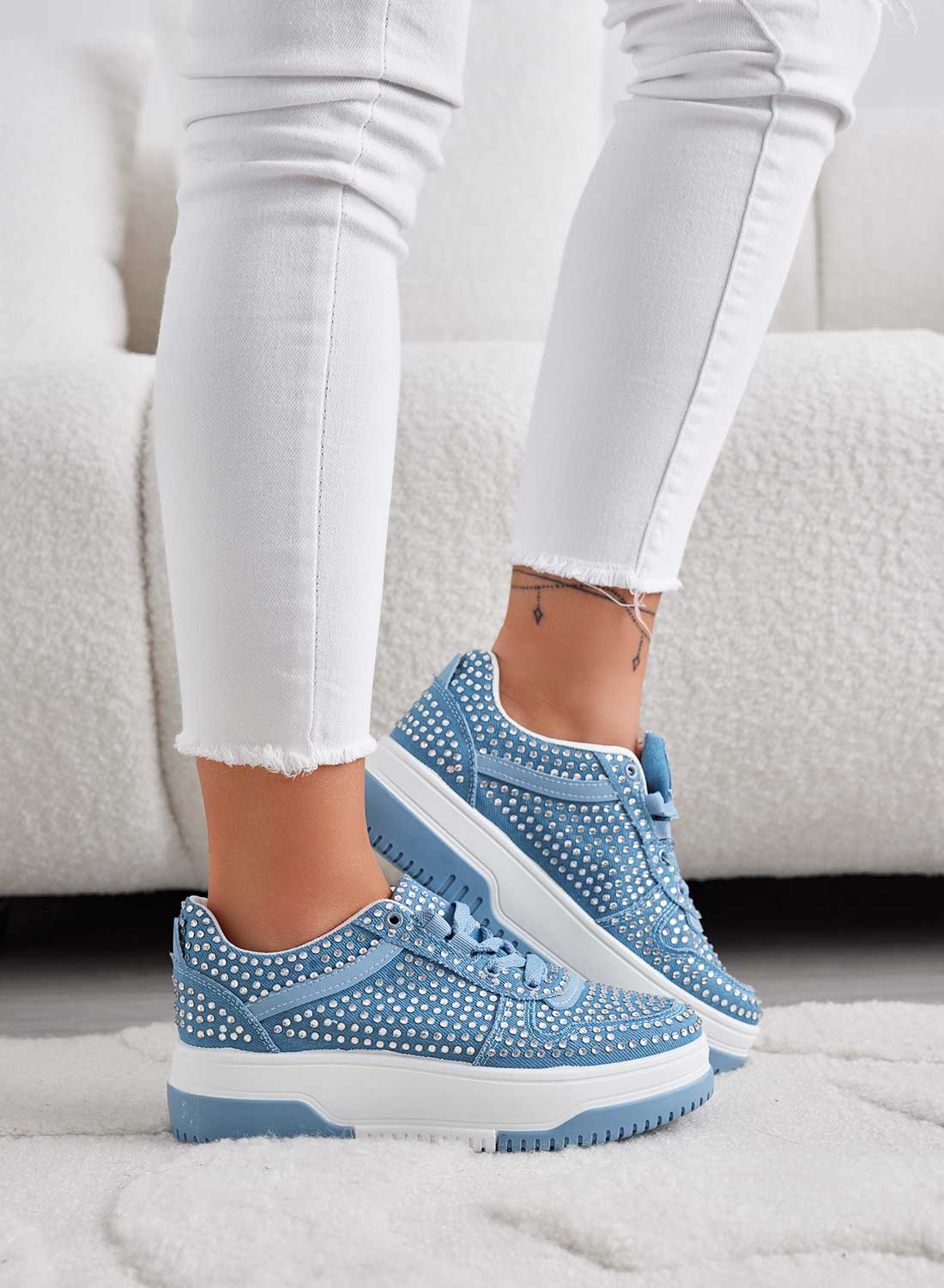Blue denim jewel sneakers with rhinestones