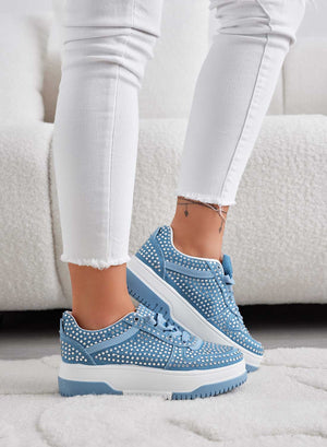 Blue denim jewel sneakers with rhinestones