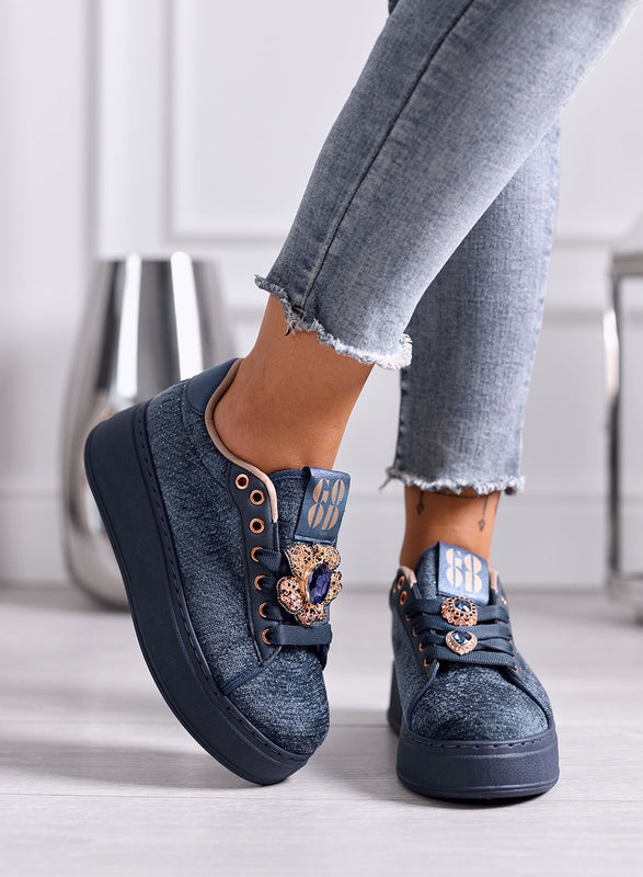 NINFA - Sneakers blu platform in tessuto laminato e applicazione gioiello
