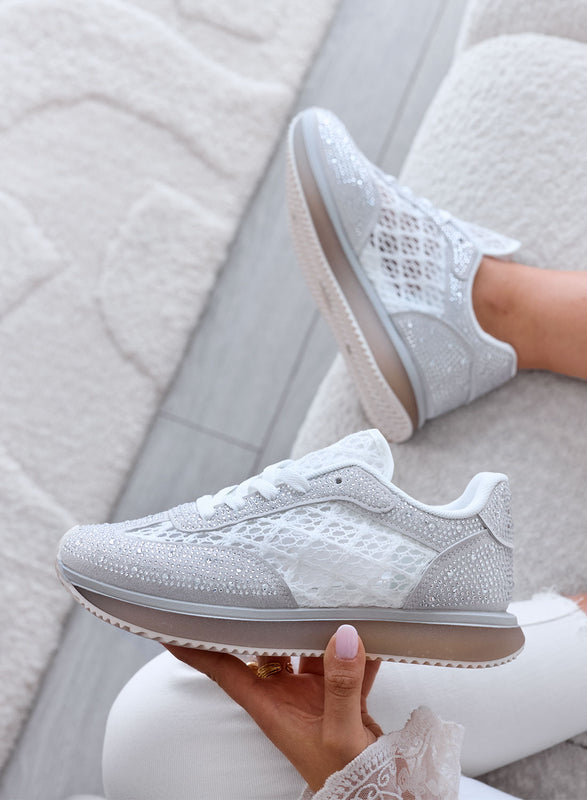 LORENA - Gray sneakers with white lace and sparkling rhinestones