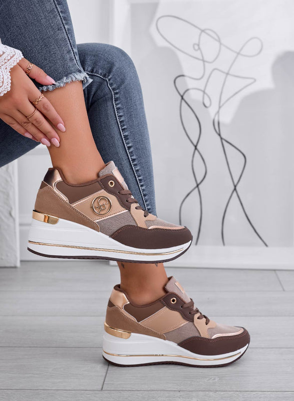 ROSALBA - Sneakers marroni con inserti laminati bronzo