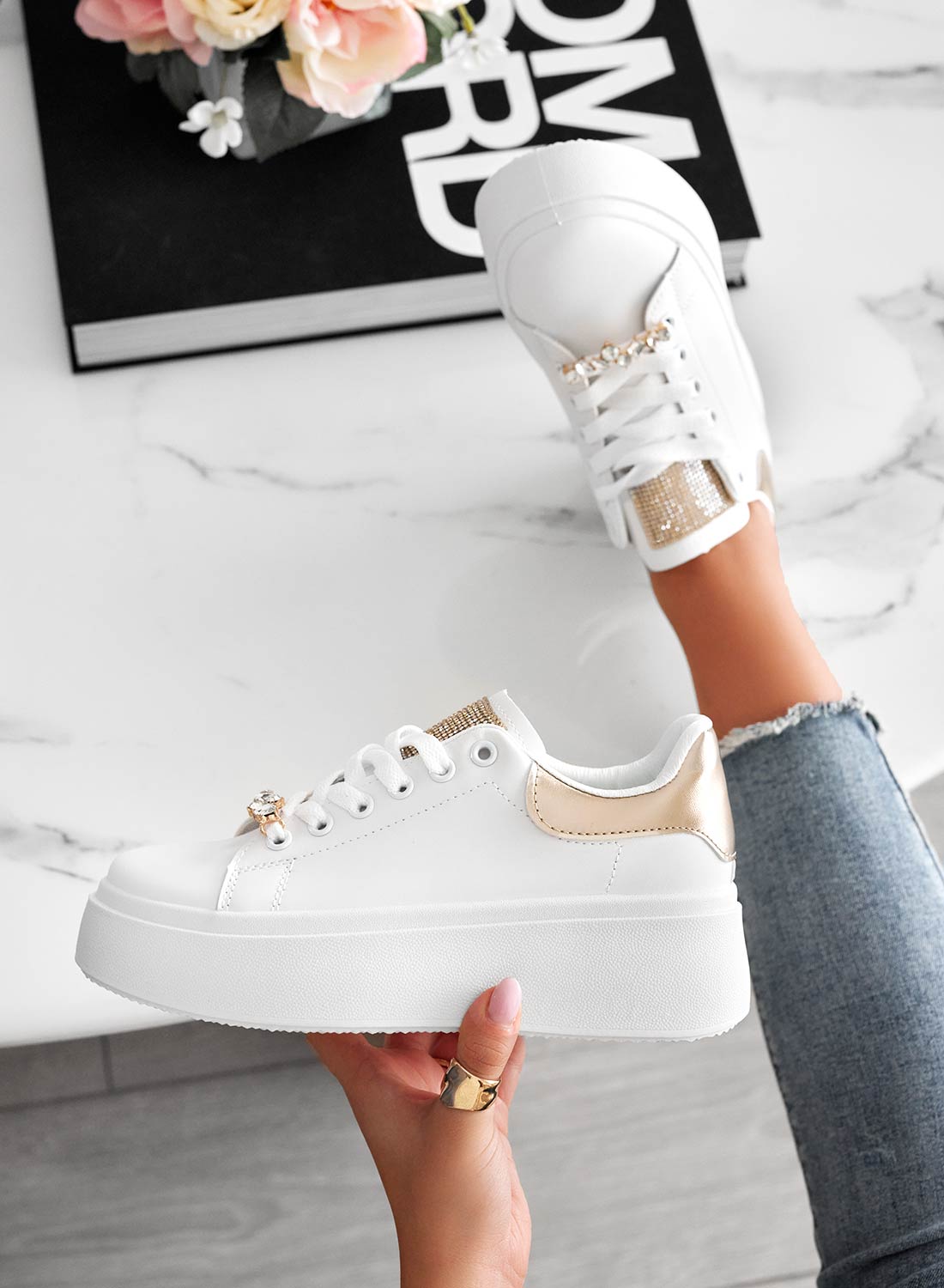 DELIA - White sneakers with jewel detail and gold heel