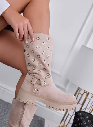 ORNELLA - Beige Alexoo biker ankle boots with eyelets