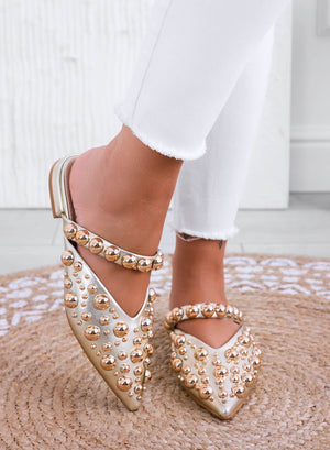 WILDA - Gold pointed-toe mule ballerinas with sphere studs