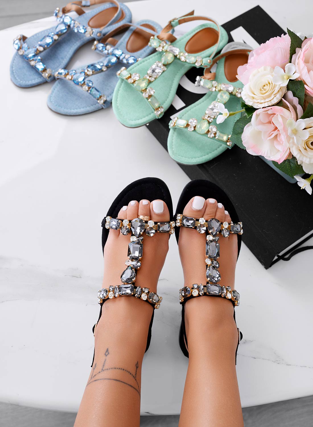 Black flat jeweled sandals with stones