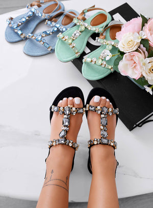 Black flat jeweled sandals with stones