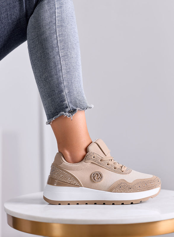 TINA - Sneakers platform fango e beige con Strass