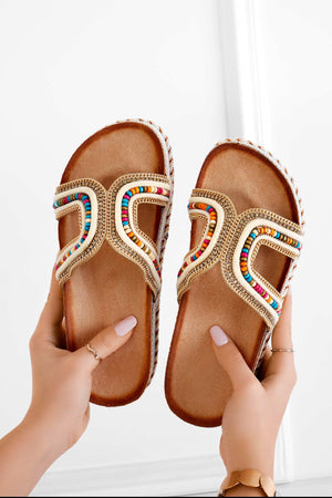 Beige slide sandals with multicolor stones