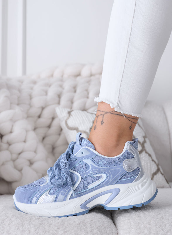 LINA - Baskets bleues avec lacets en dentelle et semelle épaisse