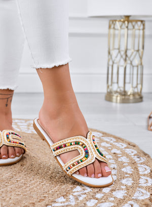 KARMEN - White sandals Flat slippers with multicolor beads and golden details