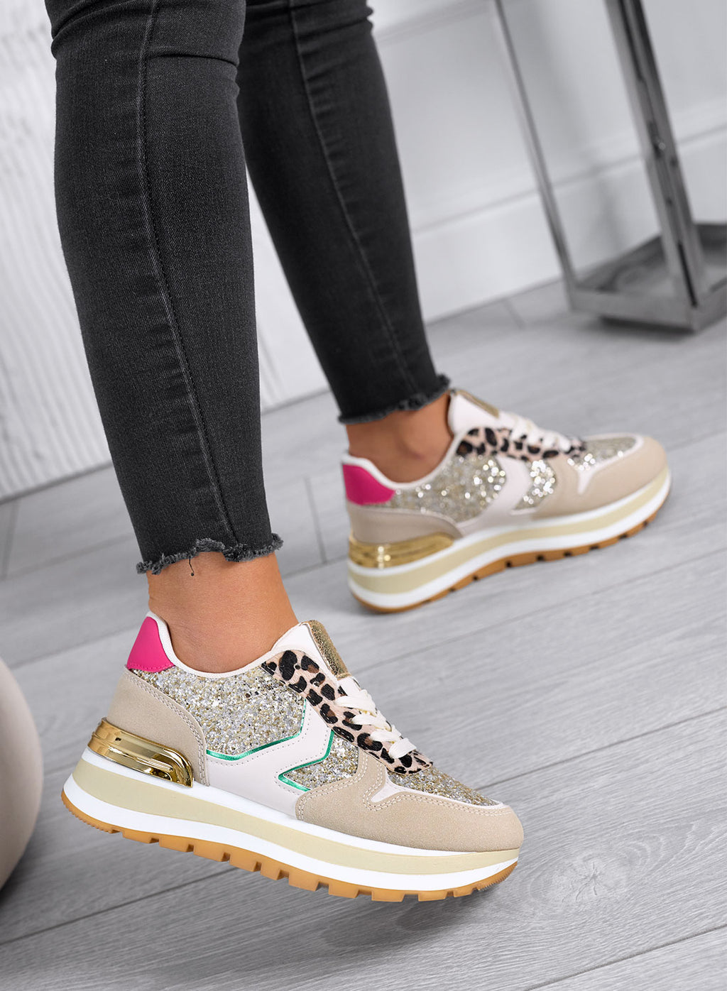 DIXON - Sneakers donna beige con glitter oro e dettagli maculati