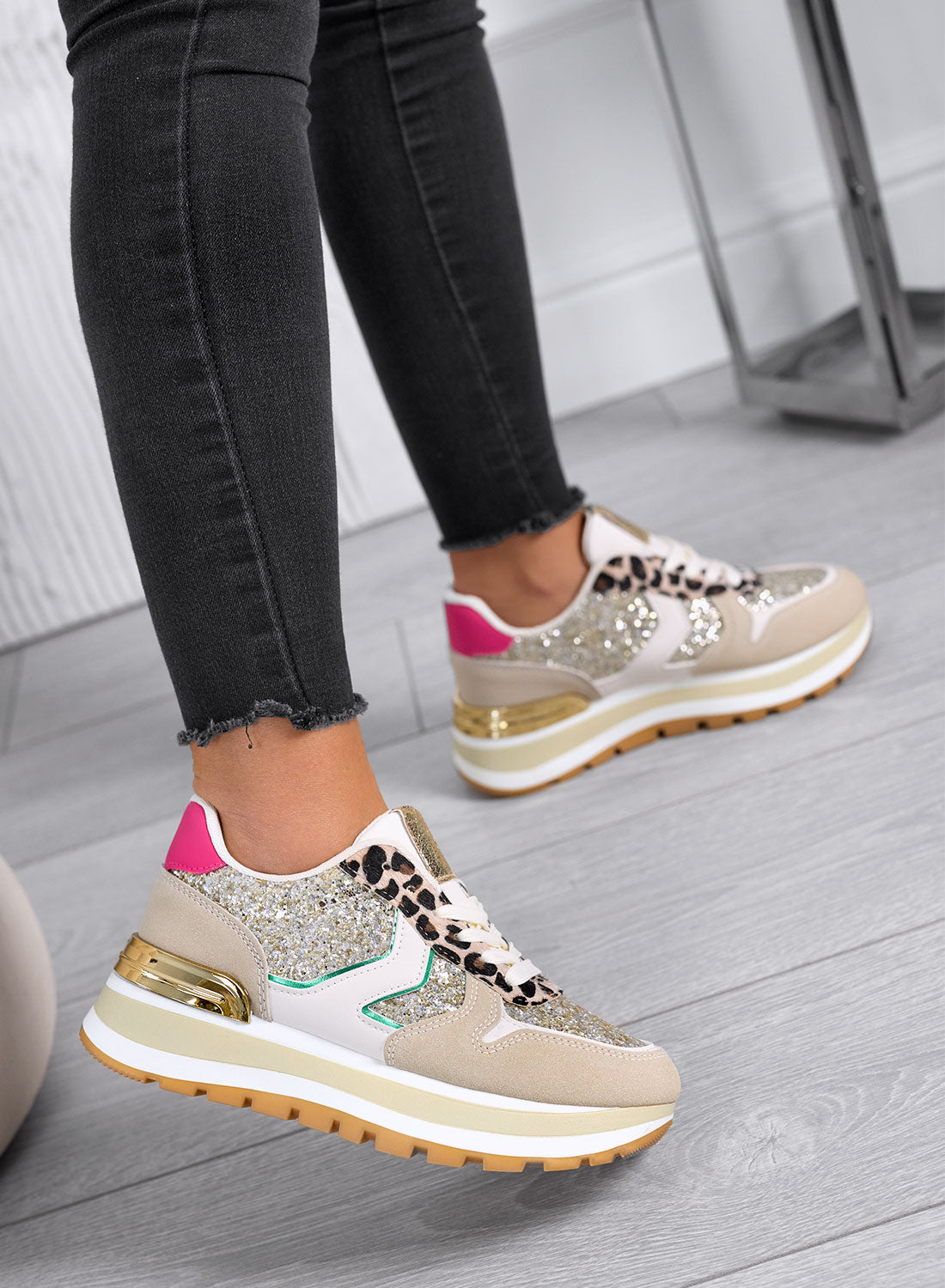DIXON - Sneakers donna beige con glitter oro e dettagli maculati