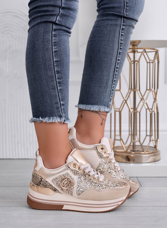 ALISHA - Sneakers beige con inserti glitter oro