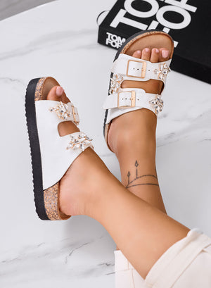 MONNALISA - White platform sandals with double buckle and rhinestones