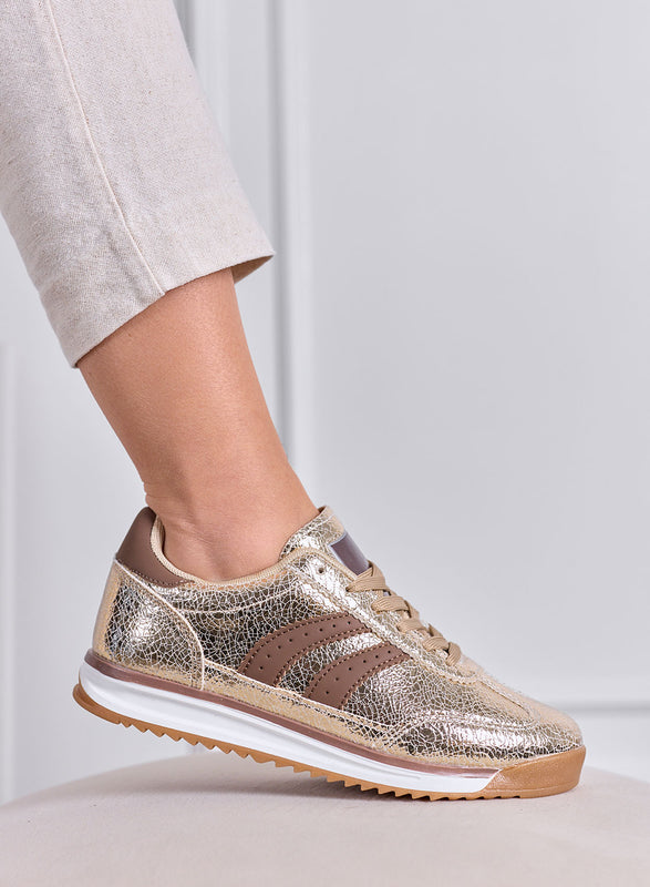 PIERA - Sneakers oro metallizzato con dettagli marroni e suola in gomma