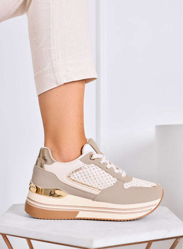 MELEK - Sneakers beige con inserti oro e suola platform