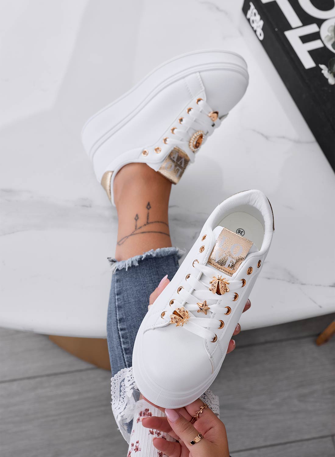 LIANA - White and gold sneakers with thick sole and jeweled ladybugs