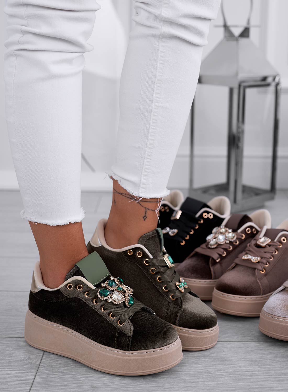 MILA - Green velvet sneakers with jewel embellishment