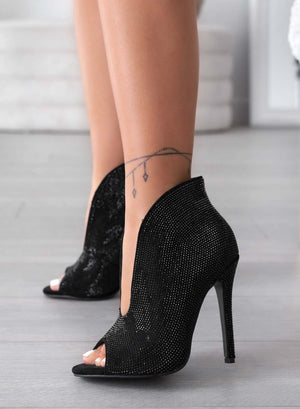 Gwen - Alexoo black jeweled ankle boots with open toe and high heel