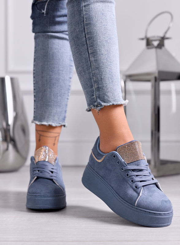TOSCA - Sneakers Blu in Camoscio con Linguetta in Strass oro