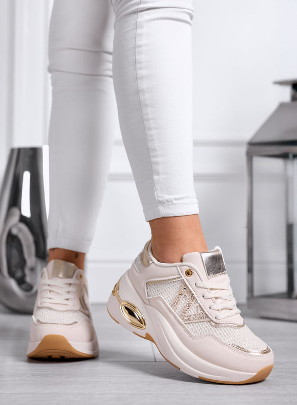 CAMILLA - Sneakers Beige con Strass e Dettagli oro
