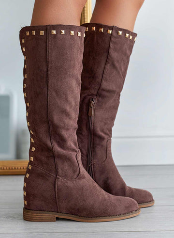 JANINE - Brown suede Alexoo boots with internal wedge and studs