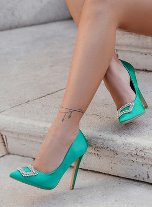 JANET - Green satin pumps by Alexoo with jewel embellishment