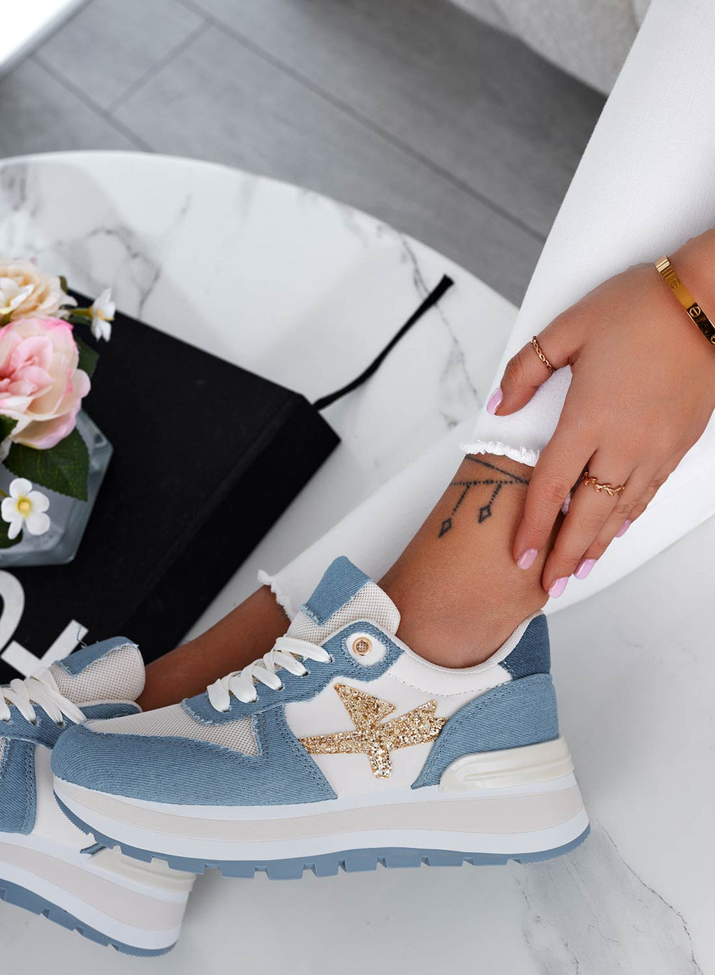 TYLER - Sneakers blu jeans con inserti glitter oro