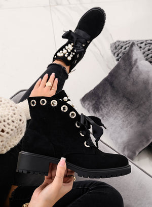 LEANNA - Alexoo low ankle boots with pearls and stones, black suede