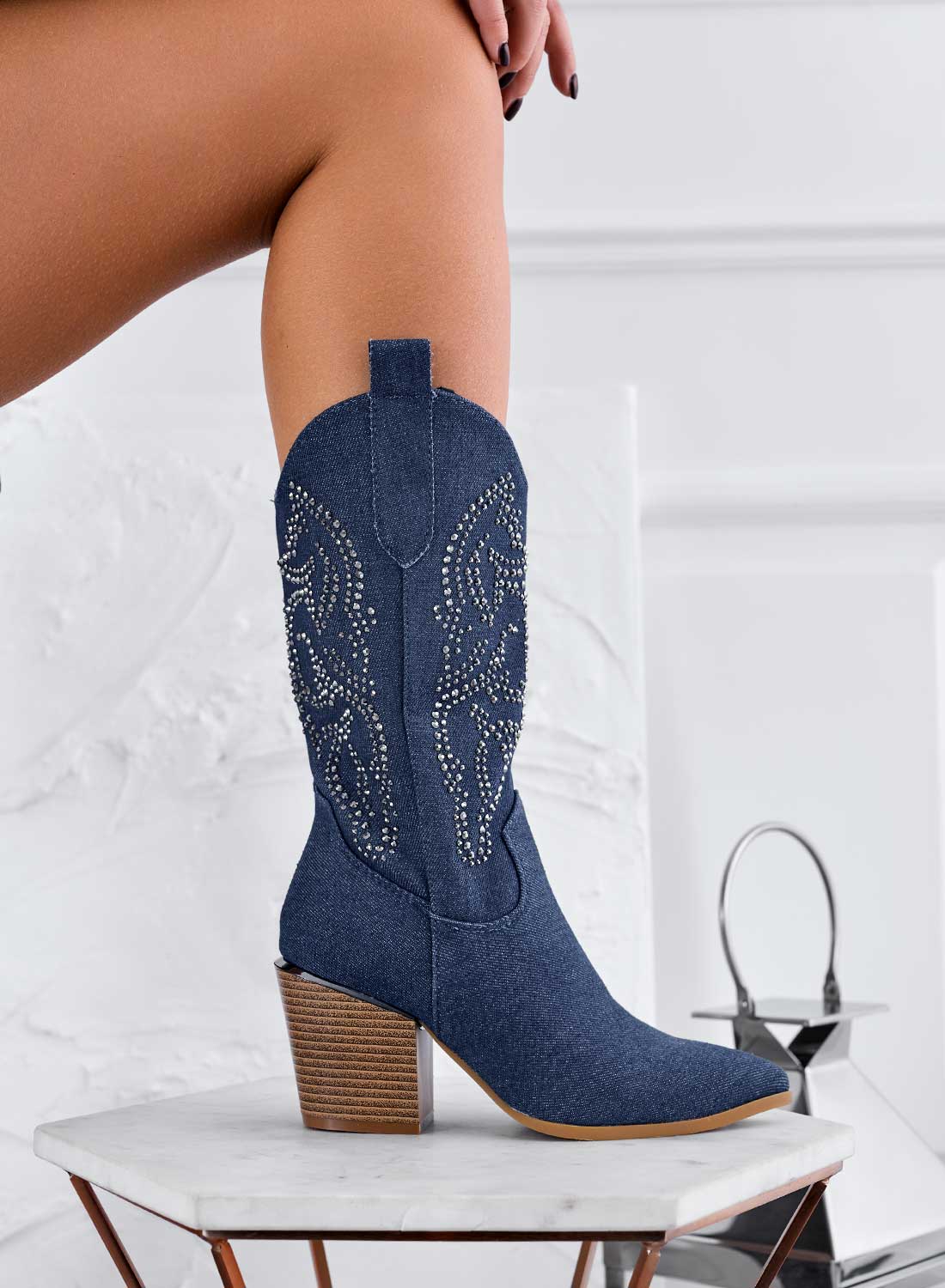 Stivali camperos blu jeans con strass