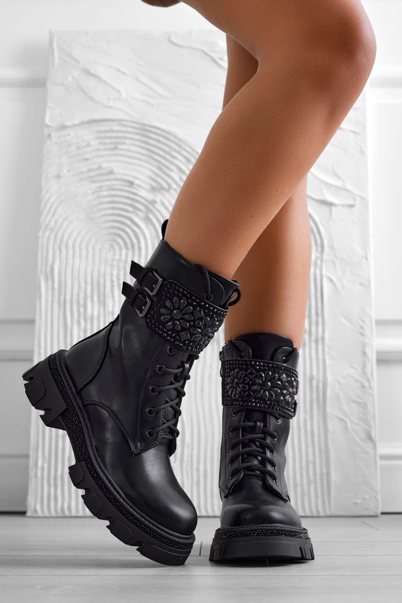 Black combat ankle boots with rhinestones